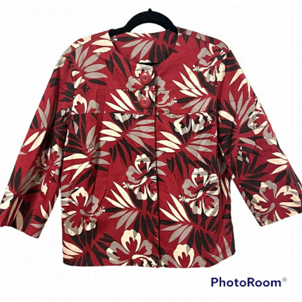 TRADITION Red Floral Print Boxy Lightweight Jacket with 3/4 Sleeve Size 16